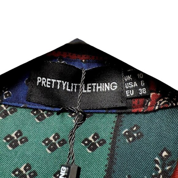 Pretty Little Thing Blouse Size 6 Blue Green Patchwork Print Oversized Button Up - Picture 6 of 9